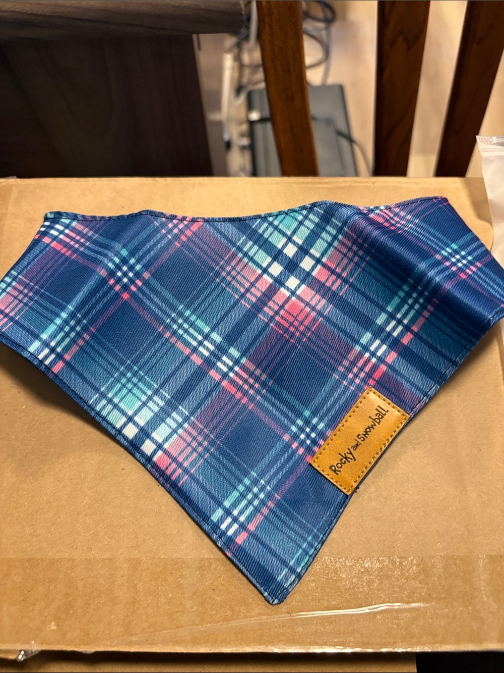 Plaid Blue Bandana with Pink & Teal Accents - Rocky & Snowball